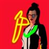 A woman standing in front of a neon sign A woman standing in front of a neon sign