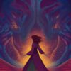 A woman that is standing on the right hand side of a dragon A woman that is standing on the right hand side of a dragon