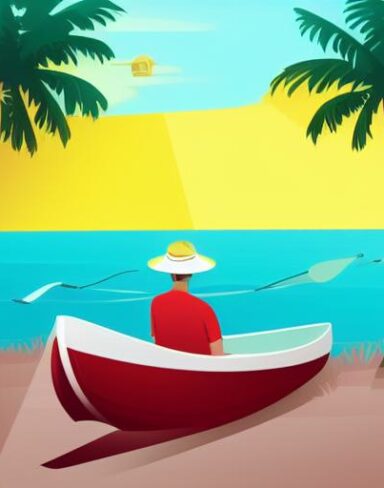 Man is sitting in a boat on the beach