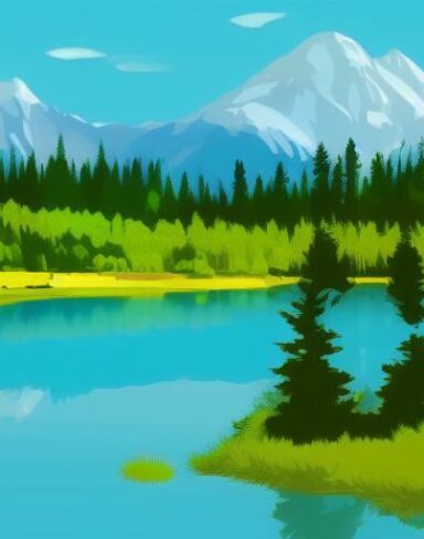 Mountain landscape with pine trees and lake in the foreground