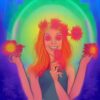 A digital 2D fantasy psychedelic artwork painting of a woman holding a laughing flower A digital 2D fantasy psychedelic artwork painting of a woman holding a laughing flower