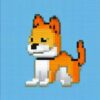 A dog sitting in front of a blue background A dog sitting in front of a blue background