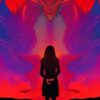 A girl that is standing on the right hand side of a dragon A girl that is standing on the right hand side of a dragon