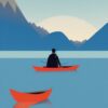 A man in the boat on a lake with mountains A man in the boat on a lake with mountains