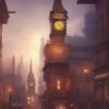 A painting of a city with a clock tower A painting of a city with a clock tower