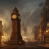 A painting of a city with a clock tower A painting of a city with a clock tower