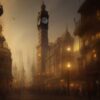A painting of a city with a clock tower A painting of a city with a clock tower