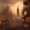 A painting of a city with a clock tower A painting of a city with a clock tower