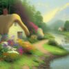 A painting of a cottage near a river with many flowers A painting of a cottage near a river with many flowers