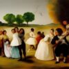 A painting of a group of couples having fun on the green land by Francisco de Holanda A painting of a group of couples having fun on the green land by Francisco de Holanda