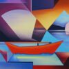 A painting of a river with a boat in the background A painting of a river with a boat in the background