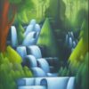 A painting of a waterfall with greenery in the background A painting of a waterfall with greenery in the background