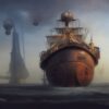 A painting of a woman and a giant ship A painting of a woman and a giant ship
