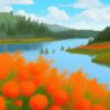 A painting of orange flowers near a lake A painting of orange flowers near a lake