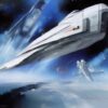 A painting of with a white space ship in the space in the background A painting of with a white space ship in the space in the background