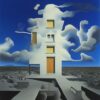 A painting on the side of a building in the sky A painting on the side of a building in the sky