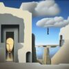A painting on the side of a building with doors in the sky A painting on the side of a building with doors in the sky