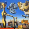 A painting on the side of a building with sculptures and sky A painting on the side of a building with sculptures and sky