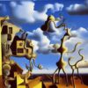 A painting on the side of a building with sculptures and sky A painting on the side of a building with sculptures and sky