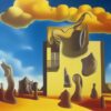 A painting on the side of a building with sculptures and sky A painting on the side of a building with sculptures and sky
