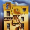 A painting on the side of a building with windows A painting on the side of a building with windows