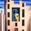 A painting on the side of a building with windows A painting on the side of a building with windows