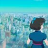 A stunning aerial view anime portrait from Studio Ghibli captures a school girl in a teal uniform standing on top of a massive-scale building A stunning aerial view anime portrait from Studio Ghibli captures a school girl in a teal uniform standing on top of a massive-scale building