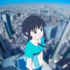 A stunning aerial view anime portrait from Studio Ghibli captures a school girl in a teal uniform standing on top of a massive-scale building A stunning aerial view anime portrait from Studio Ghibli captures a school girl in a teal uniform standing on top of a massive-scale building