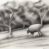 Black and white drawing of sheep and trees in rural area Black and white drawing of sheep and trees in rural area