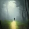 Dark digital art of a person walking through a forest Dark digital art of a person walking through a forest