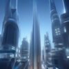 Futuristic city filled with tall buildings and citizens Futuristic city filled with tall buildings and citizens