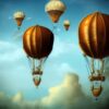 Joyful detail steampunk art of a mechanical airship flying in the blue sky Joyful detail steampunk art of a mechanical airship flying in the blue sky