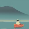 Man on the boat on a lake with the mountains Man on the boat on a lake with the mountains