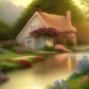 Painting of a cottage near a river with many flowers Painting of a cottage near a river with many flowers
