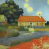 The impressionism painting of the house with garden and flowers The impressionism painting of the house with garden and flowers