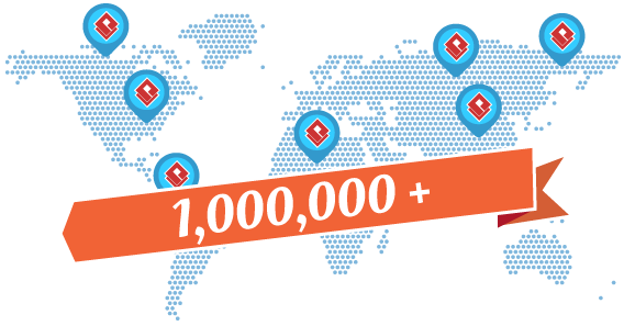 World map with location markers displaying one million plus users globally. World map with location markers displaying one million plus users globally.