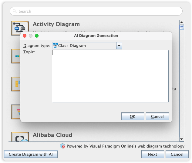 AI Diagram Generation dialog for Class Diagram creation. AI Diagram Generation dialog for Class Diagram creation.